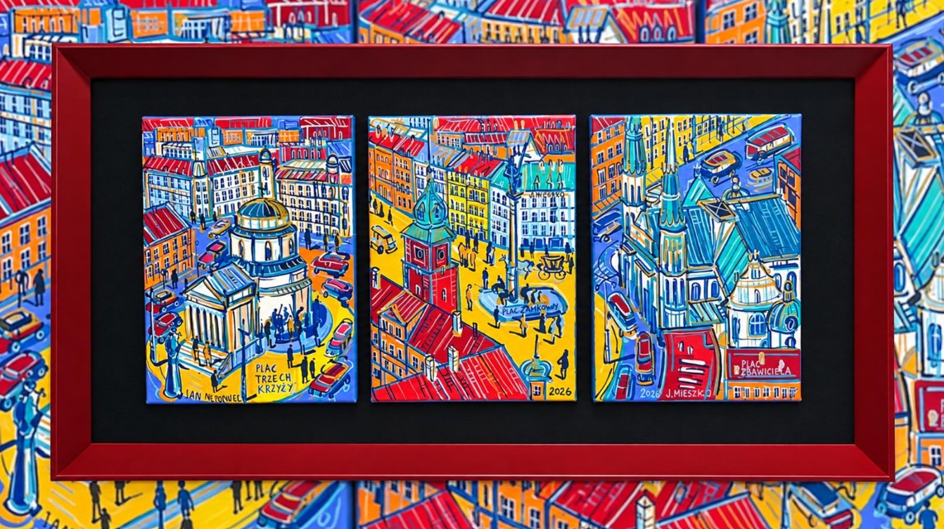 JOANNA MIESZKO 'Warszawa: Plac Zamkowy, Zbawiciela' Trzech Krzyży',  akryl, płótno, 3* 33x24cm